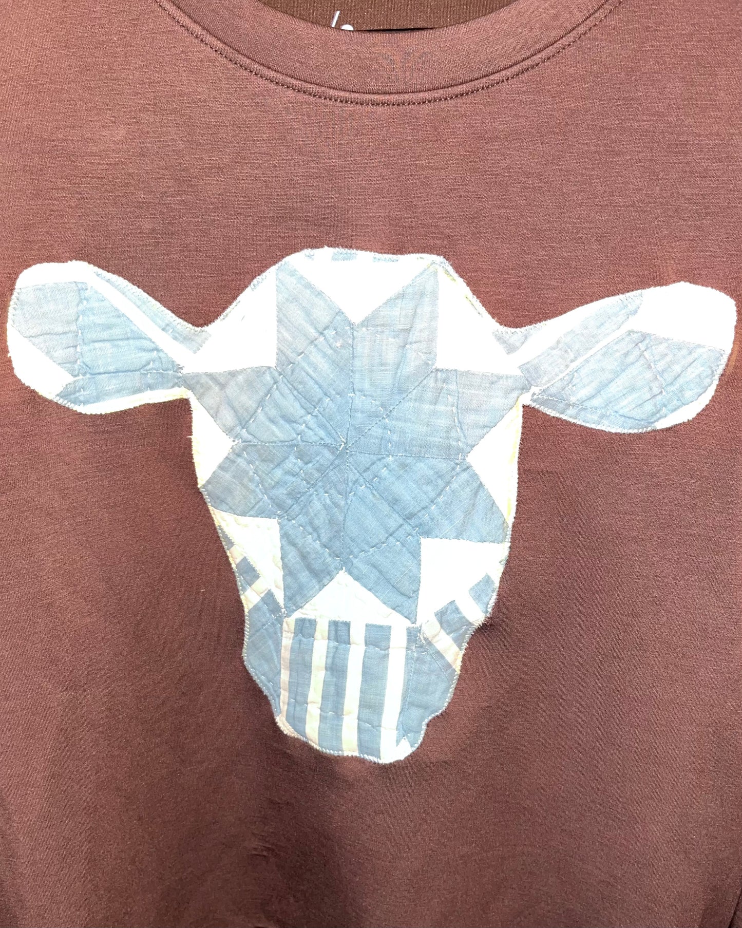 Brown & Blue Quilty Cow Crewneck