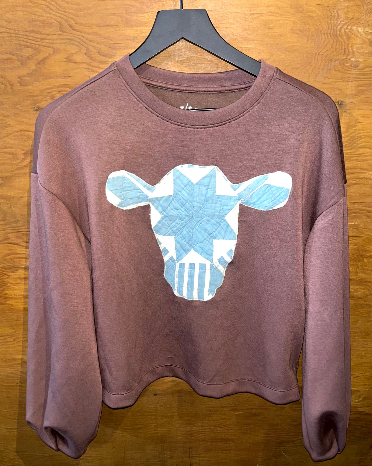 Brown & Blue Quilty Cow Crewneck