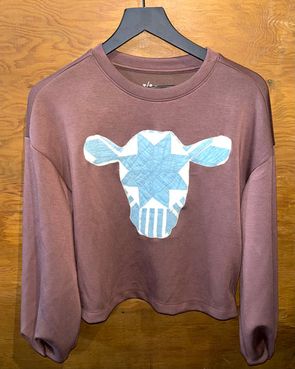 Brown & Blue Quilty Cow Crewneck